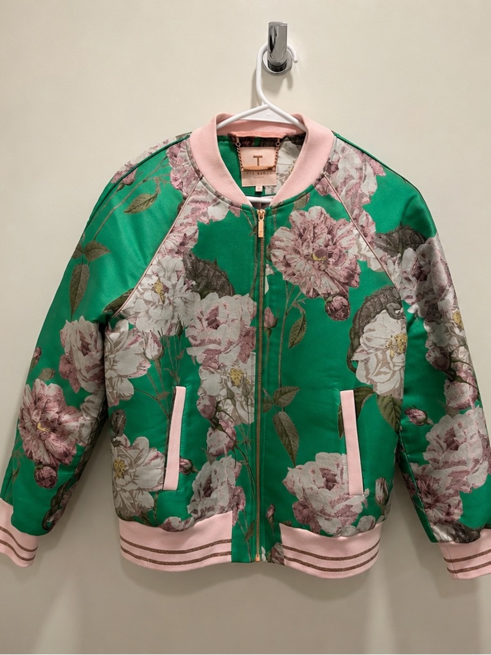Ted Baker Floral Green Bomber Jacket with Pink Trim